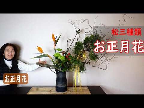 【正月花・縁起の良い松三種のいけばな】_三光松・根岸五葉松・蛇の目松_Ikebana for New year