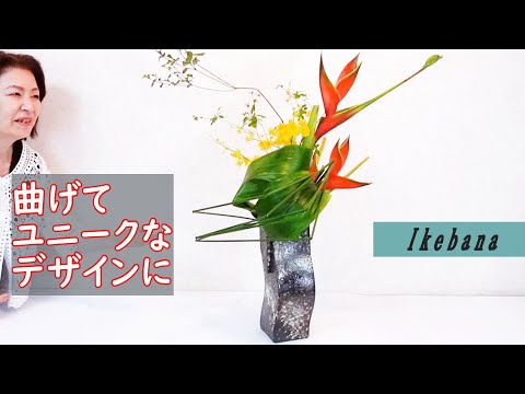【生け花】_（フトイを曲げて）ユニークなデザインで_Sogetsu ikebana